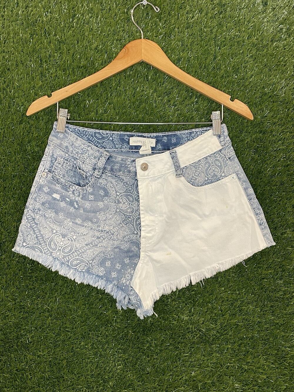 Happily Grey Mixed Bandana Print Cut-Off Denim Shorts - Two-Tone Blue/White